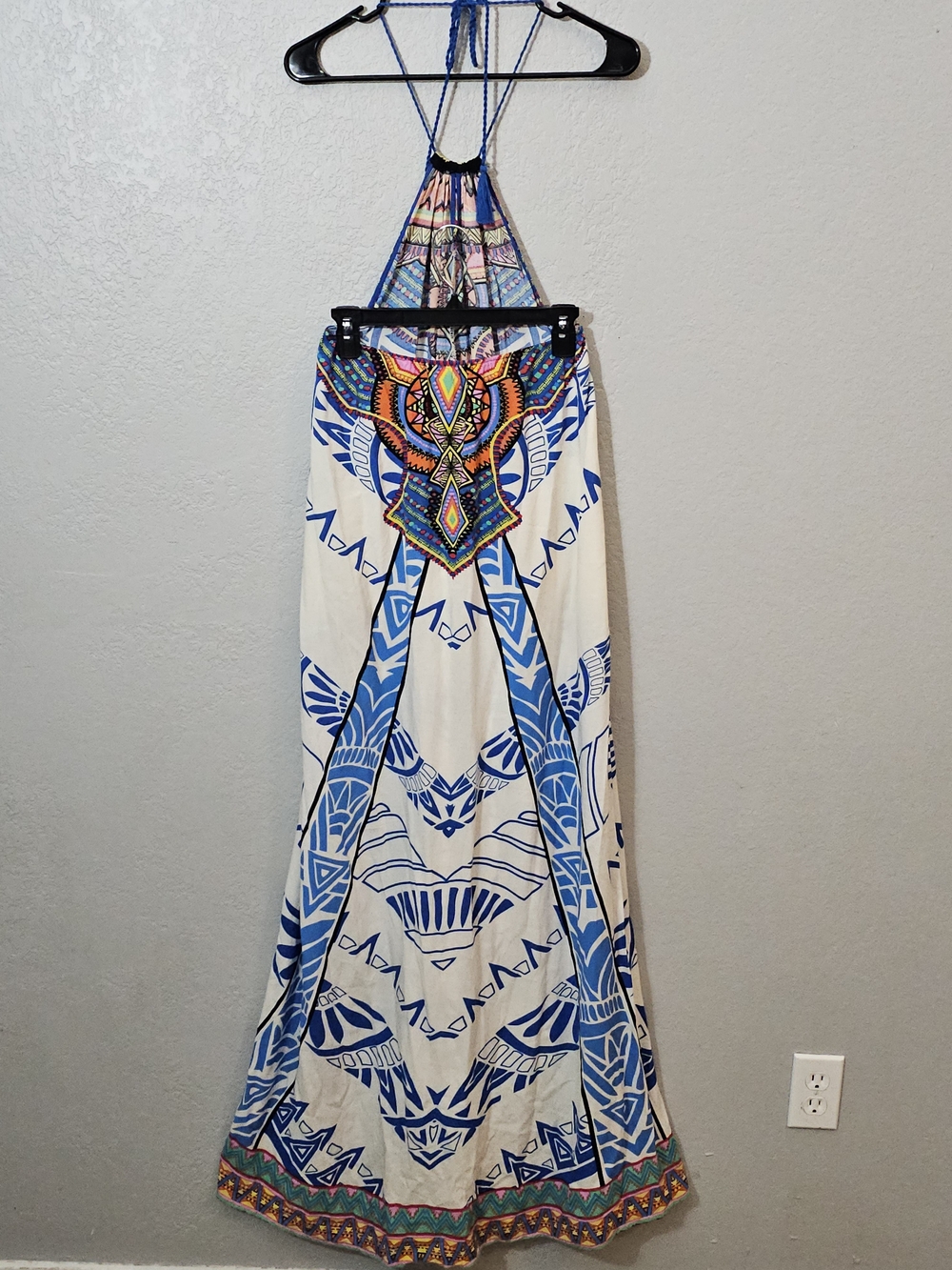 Flying Tomato White Maxi Dress with Multicolor Tribal Print Womens Large Halter - Picture 7 of 9